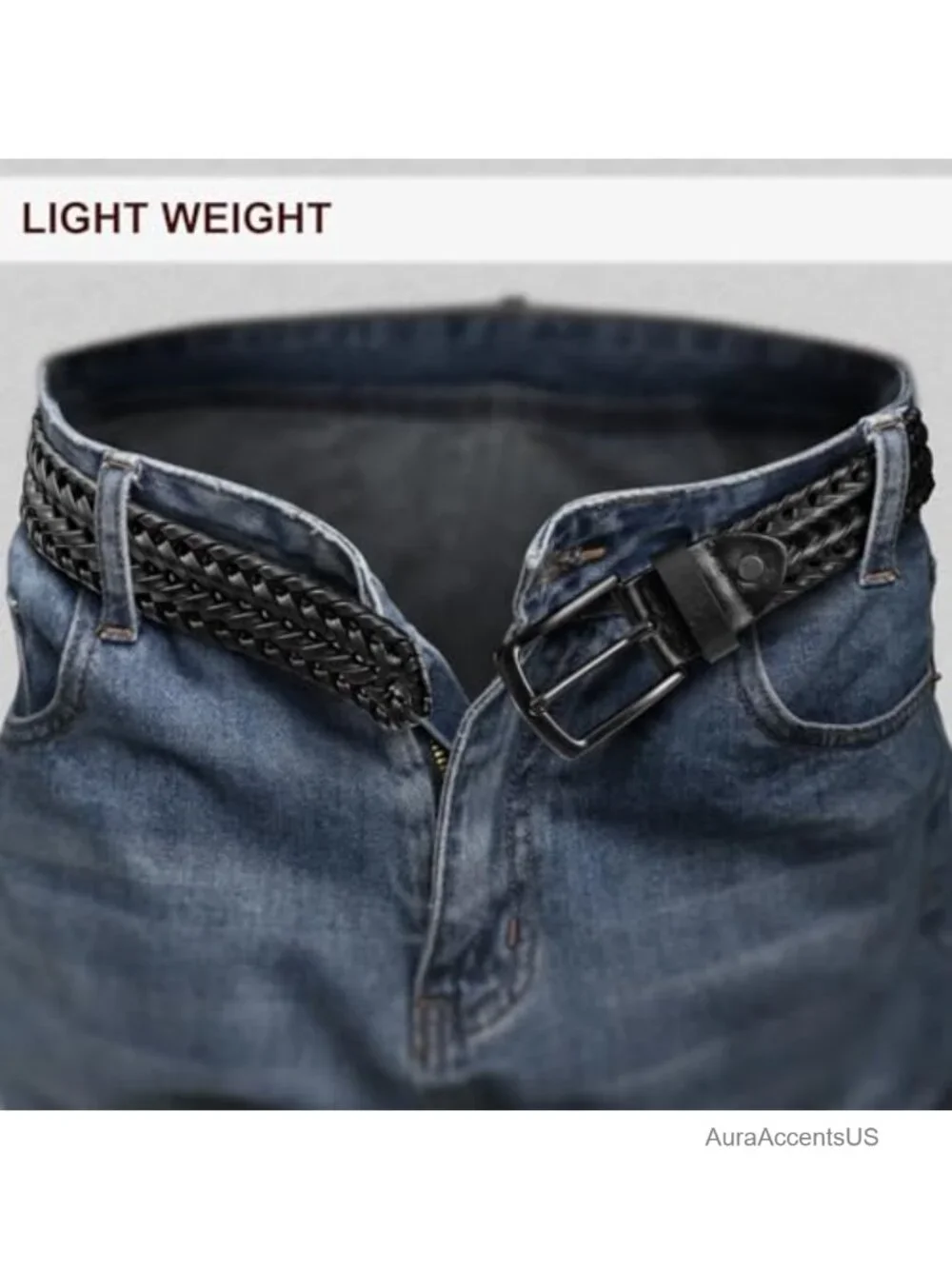 Men's Woven Braided Leather Belt, Adjustable Holeless, Golf Casual